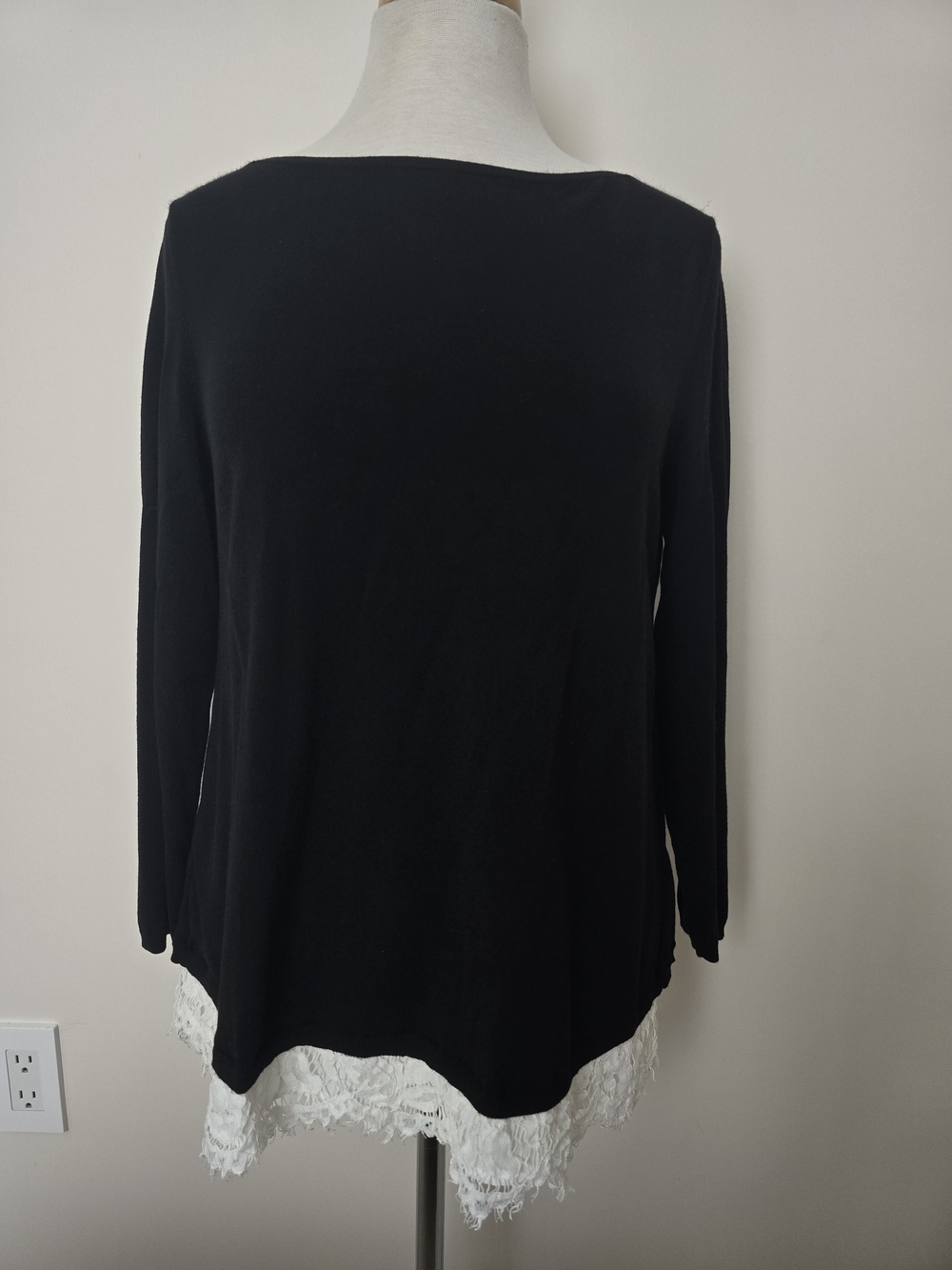 White House Black Market Black Long-Sleeve Top with White Lace Back Size L